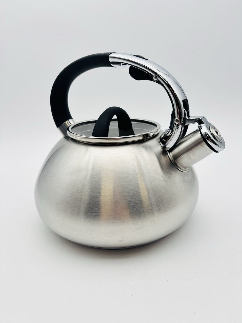 Brandani Stainless Steel Tea Kettle Brushed Silver Black Faux Soft Touch Handle
